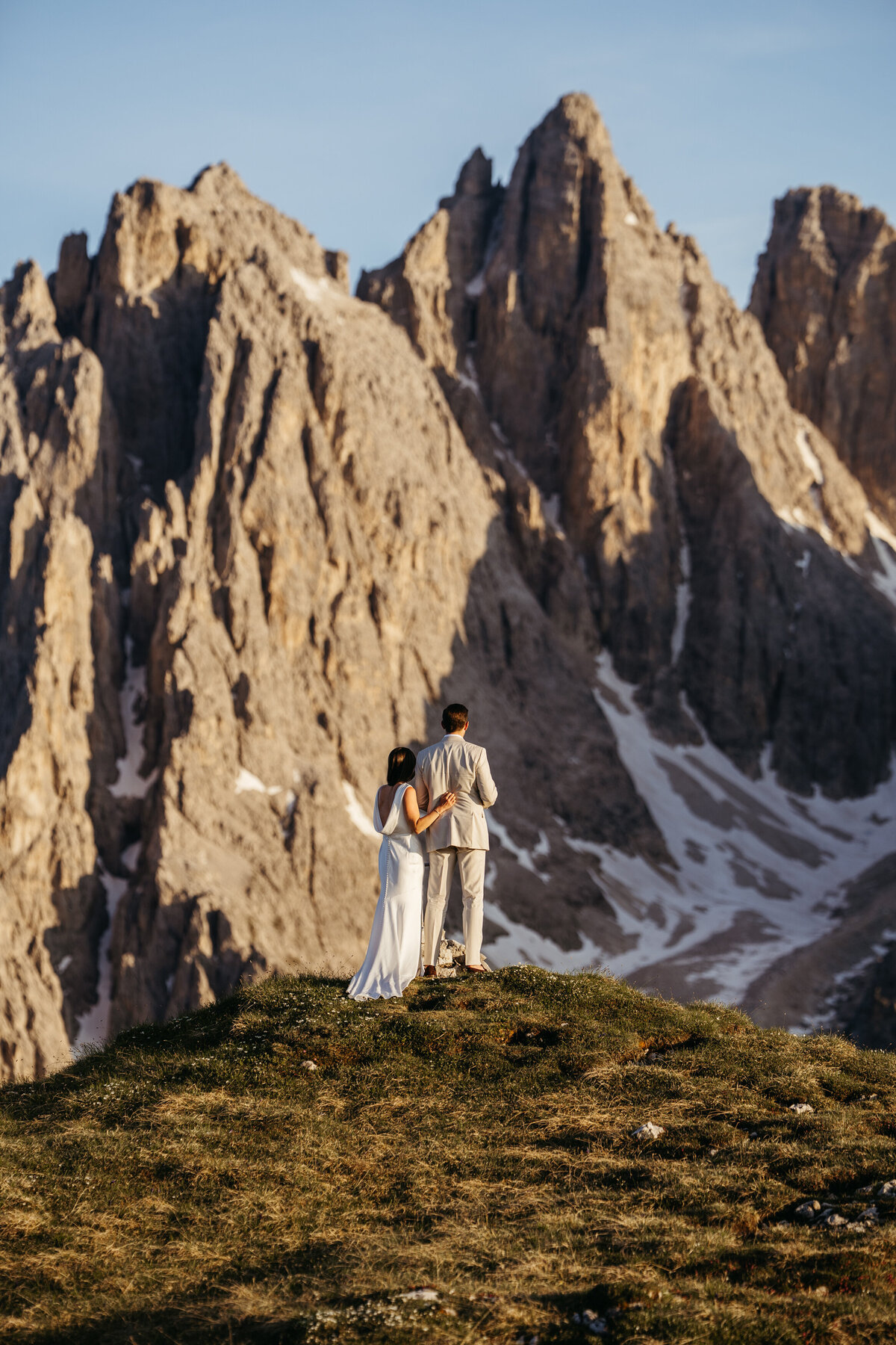 Sweet couple intimate mountain top elopement Tre Cime Dolomites