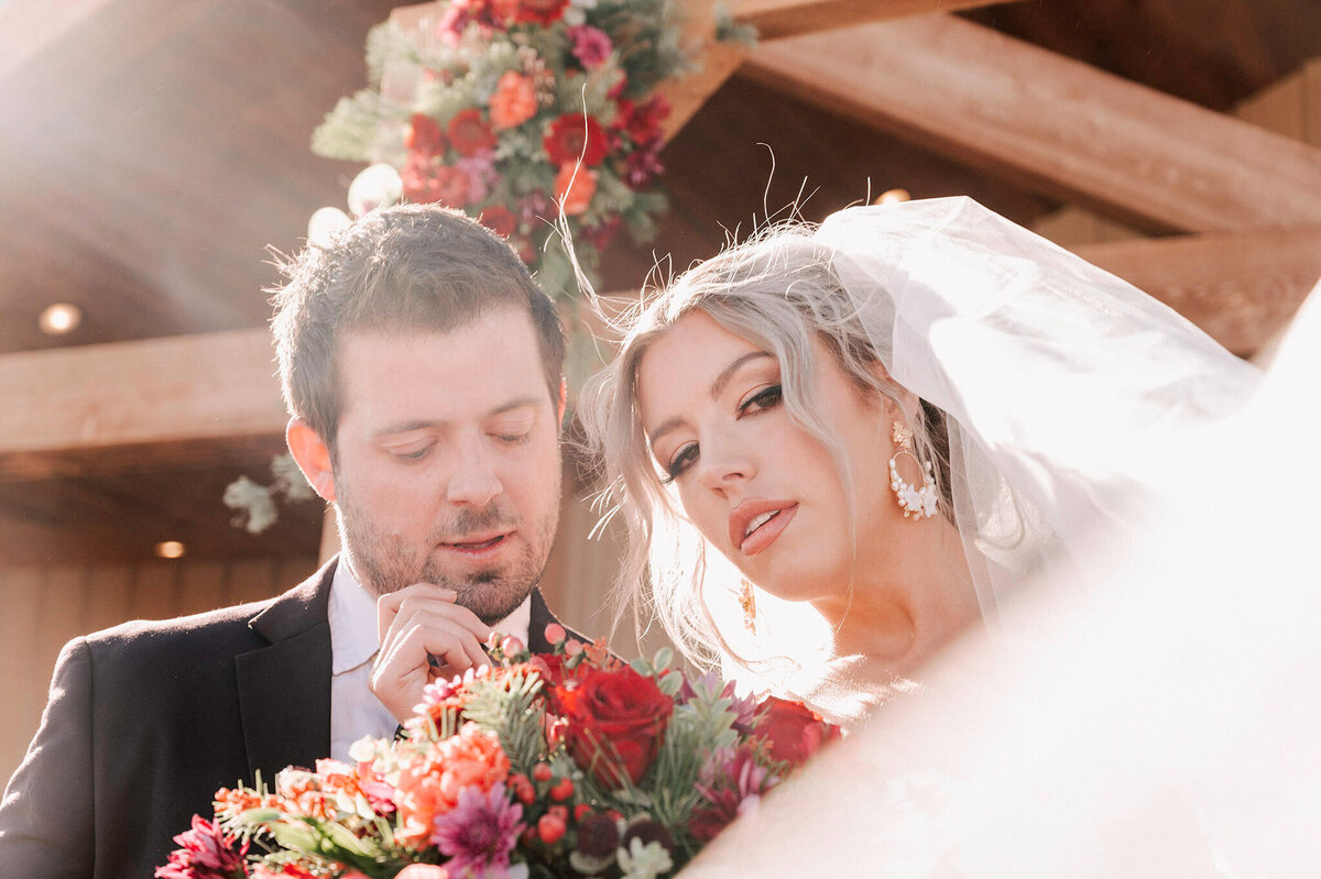 Bride and Groom snuggled up together with the bride's vail coming n front of the camera captured by meraki rose photography