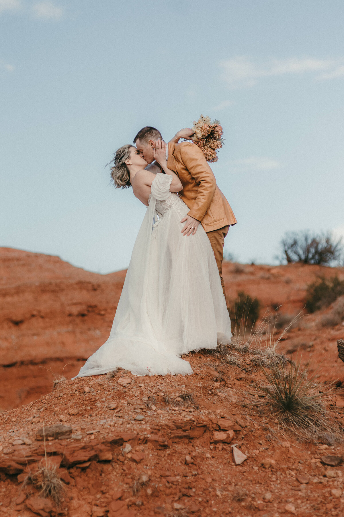 Bride and Groom kissing on top of a rock