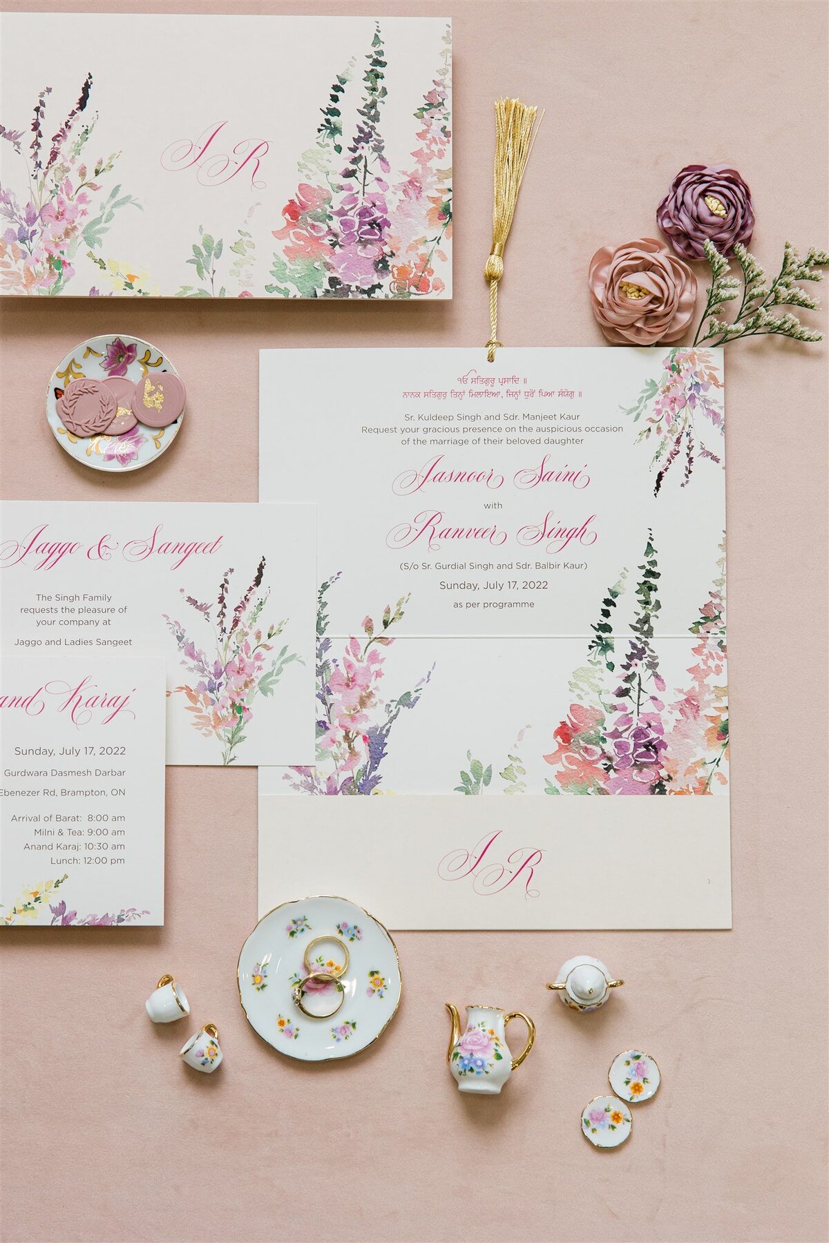 Watercolor floral blush pocket-fold wedding invitation 2