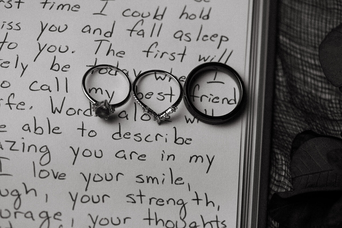 wedding rings sit on handwriting that says my best friend at ct wedding venue photo by cait fletcher photography