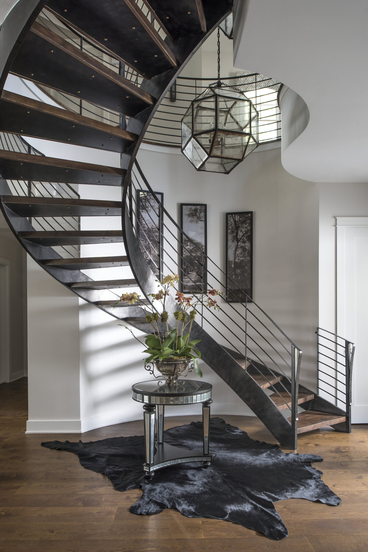 Spiral Staircase with transparent glass drop chandelier