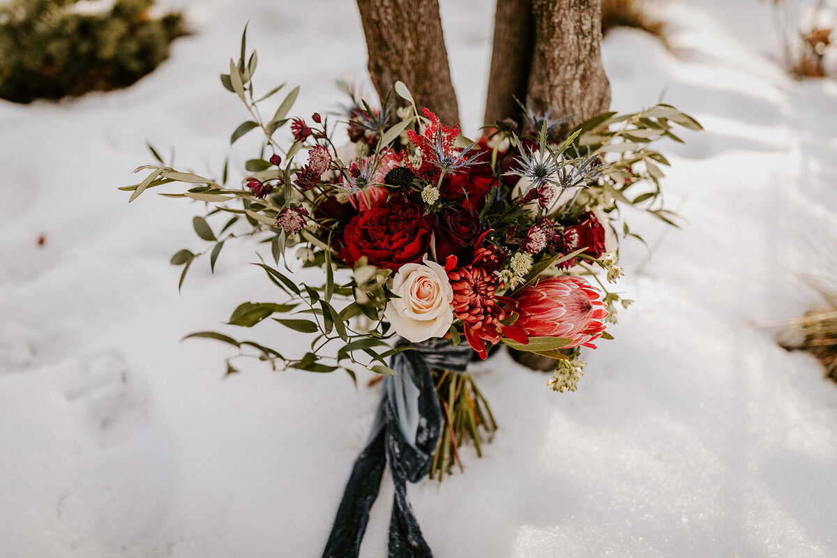 bridal bouquet, protea bouquet, winter wedding, bend oregon florist
