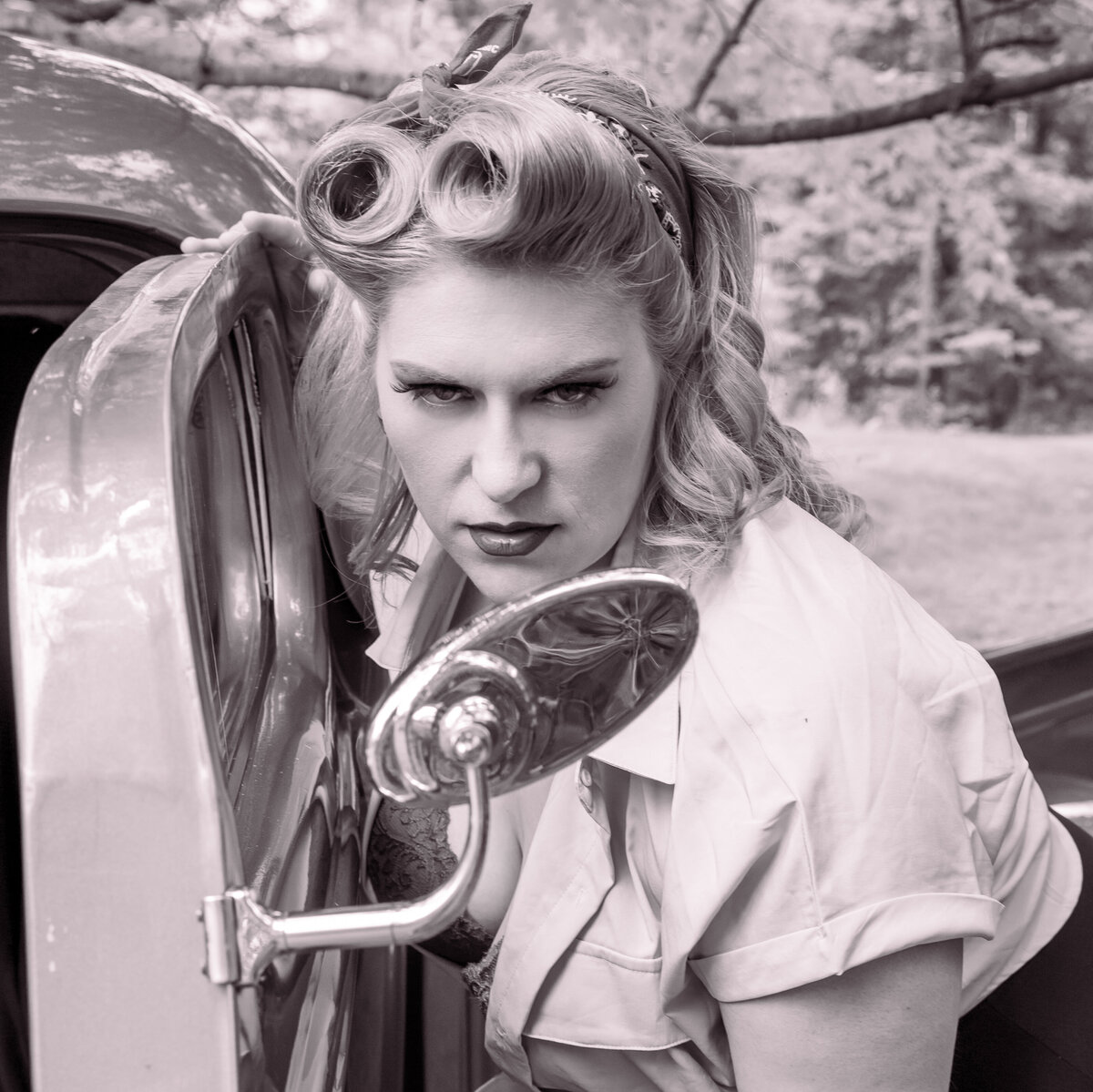 goddess studio boudoir woman pinup hair black and white looking in mirror old ford