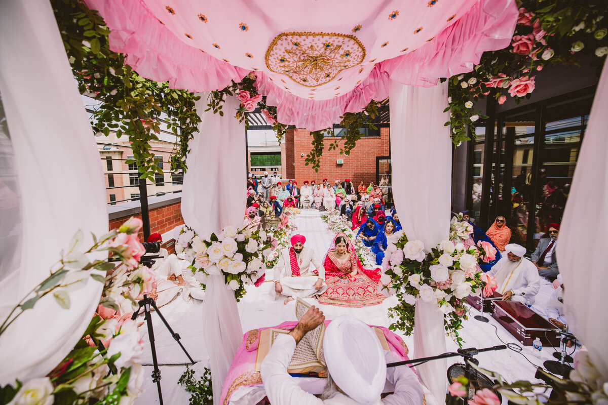 wide photo showing the sikh wedding ceremony altar at the marriott owing mills maryland