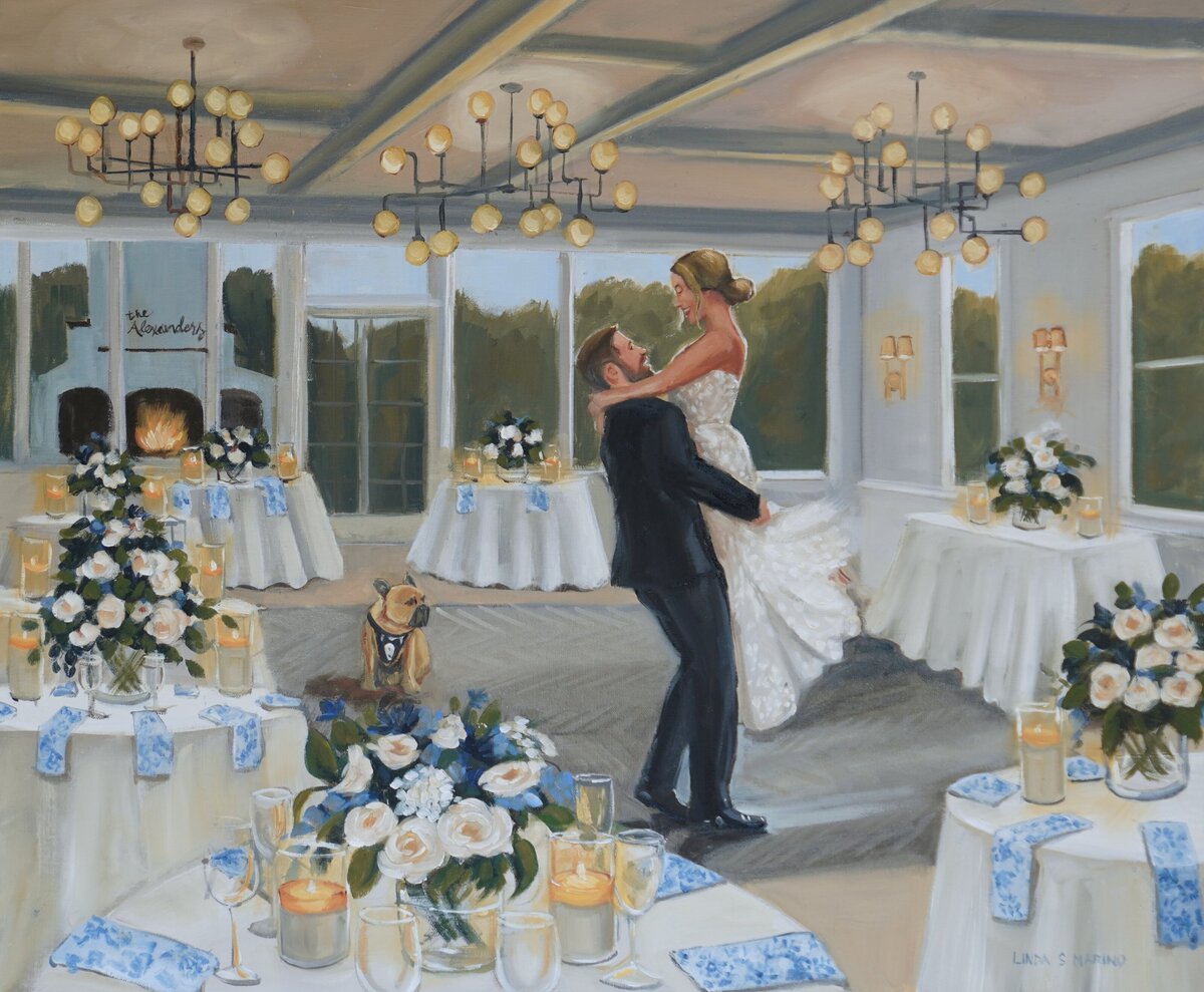 live wedding painting of bride and groom's first dance at The Farmington Polo Grounds in Farmington, CT