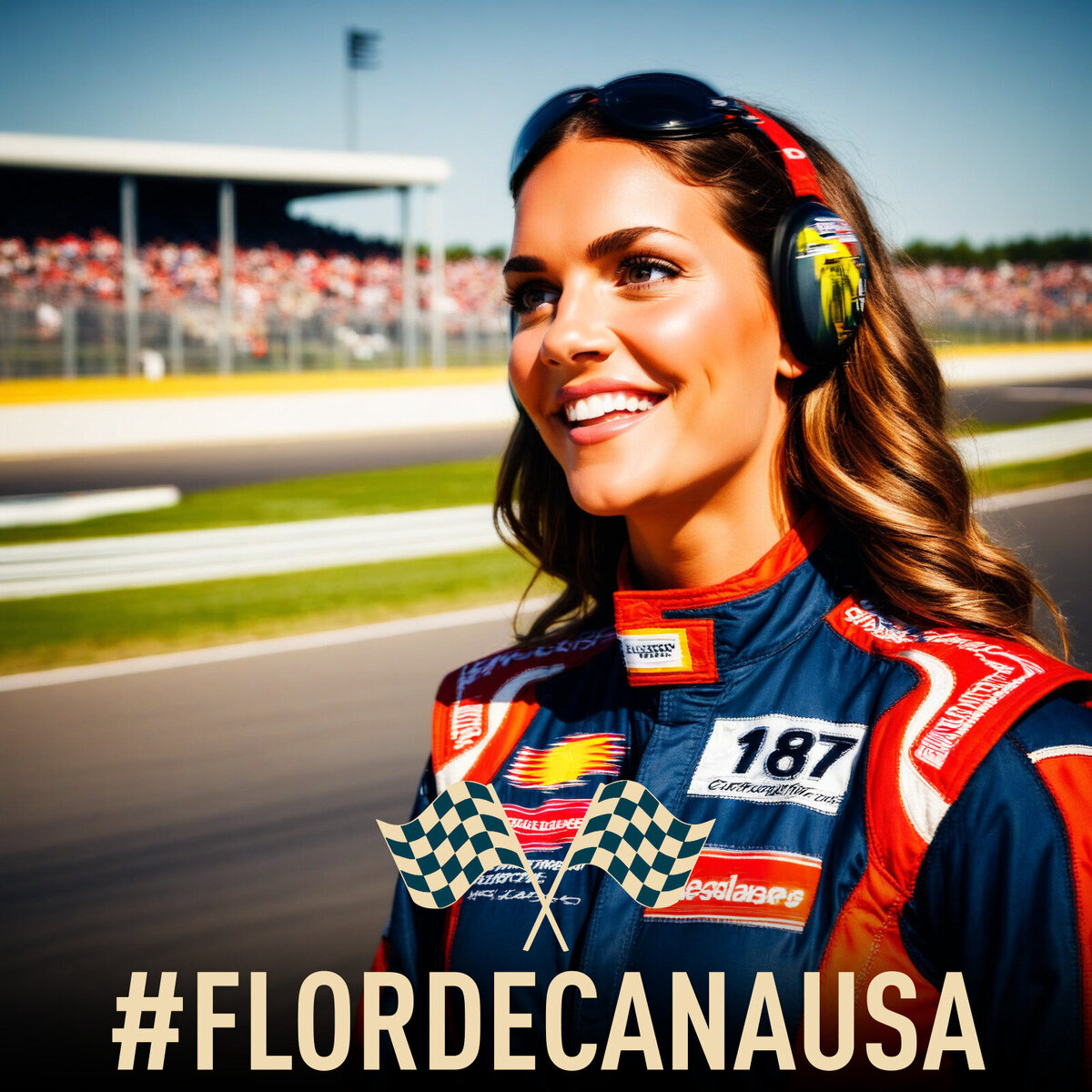 AI-generated image of a woman in racing gear at a branded Flor de Caña USA photo booth activation in Florida—created by MISGIF to engage guests with custom digital content and social media-ready visuals.