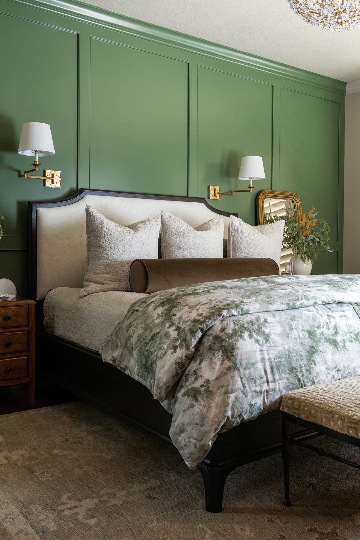kyleen bushroe interiors coverdell black and white bed with green accent painted wall