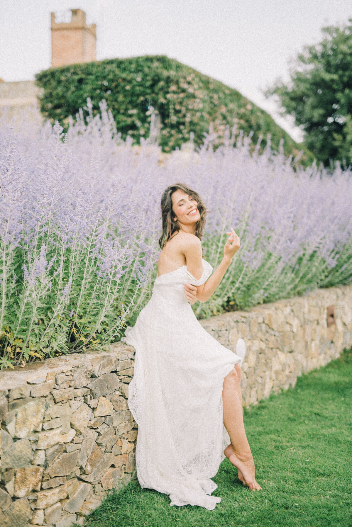 Bride in the lavender fields smiling portrait
