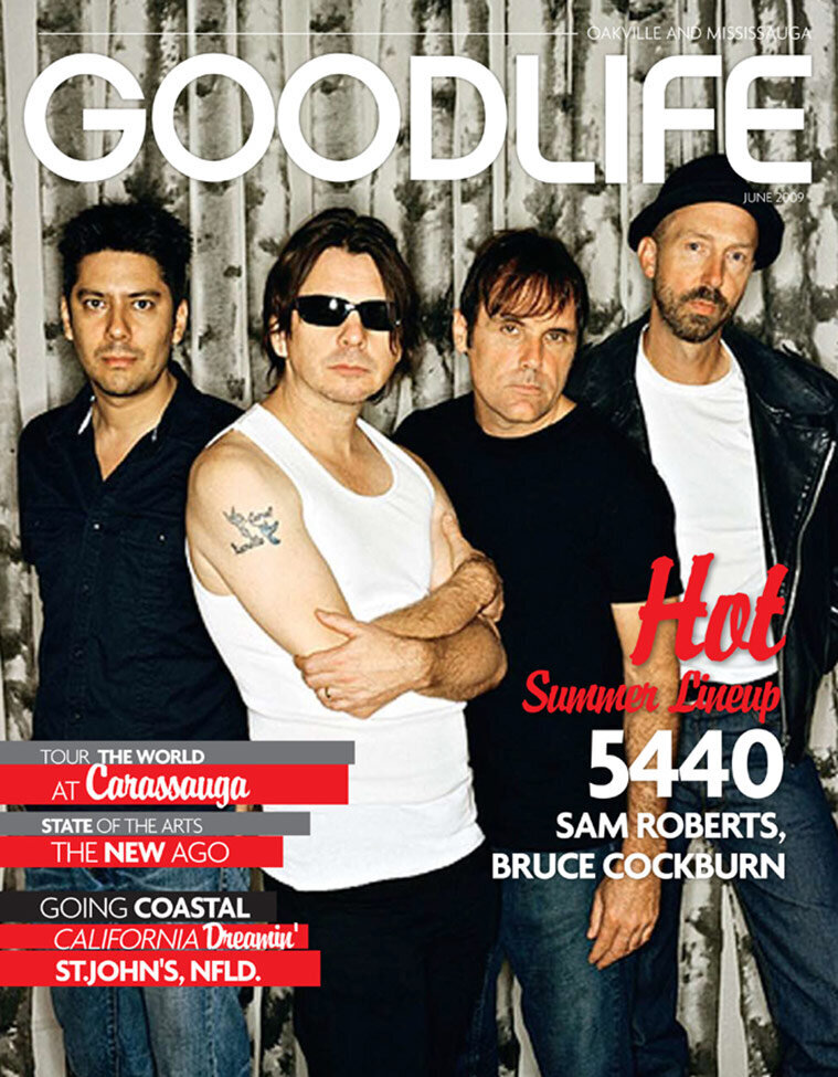 Magazine Cover publication Goodlife featuring band 5440 standing against curtain with birch trees pattern