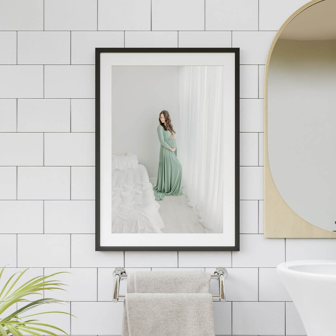 Modern master bathroom mockup of maternity portrait