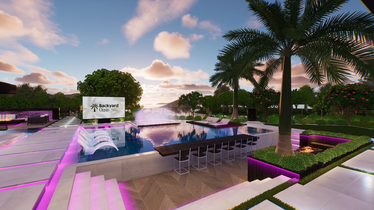 Tropical oasis with putting green, wrap around pool, and swim up bar.