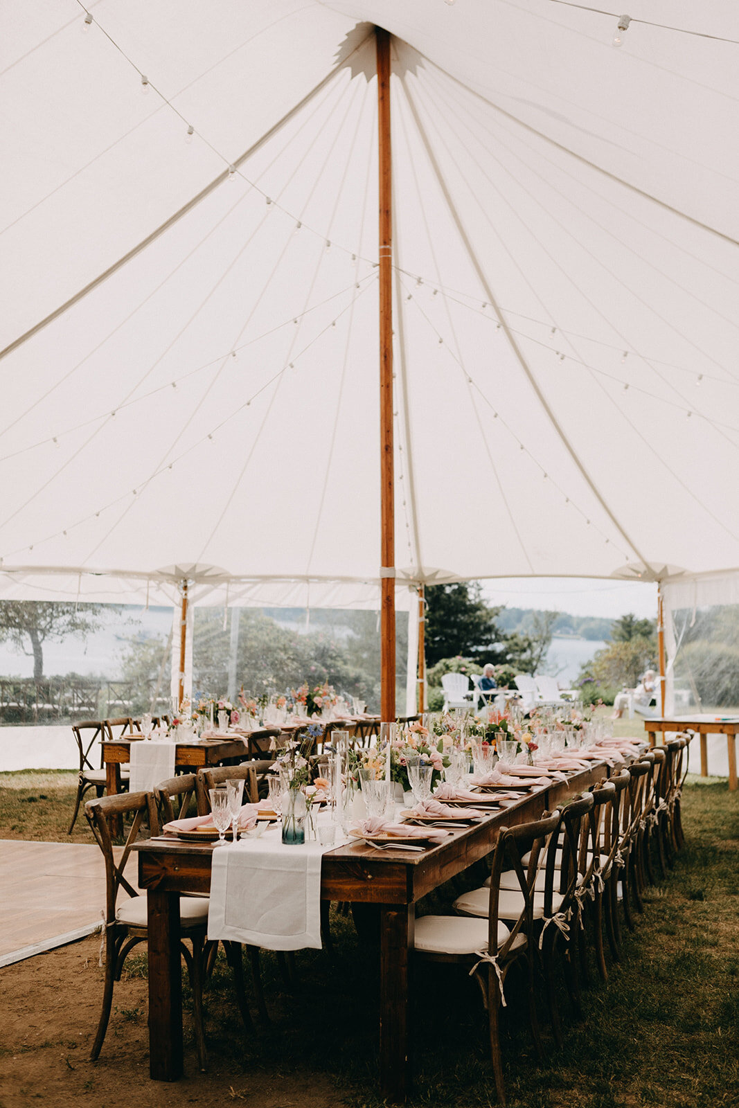 Outdoor wedding reception tablescape for Maine Wedding