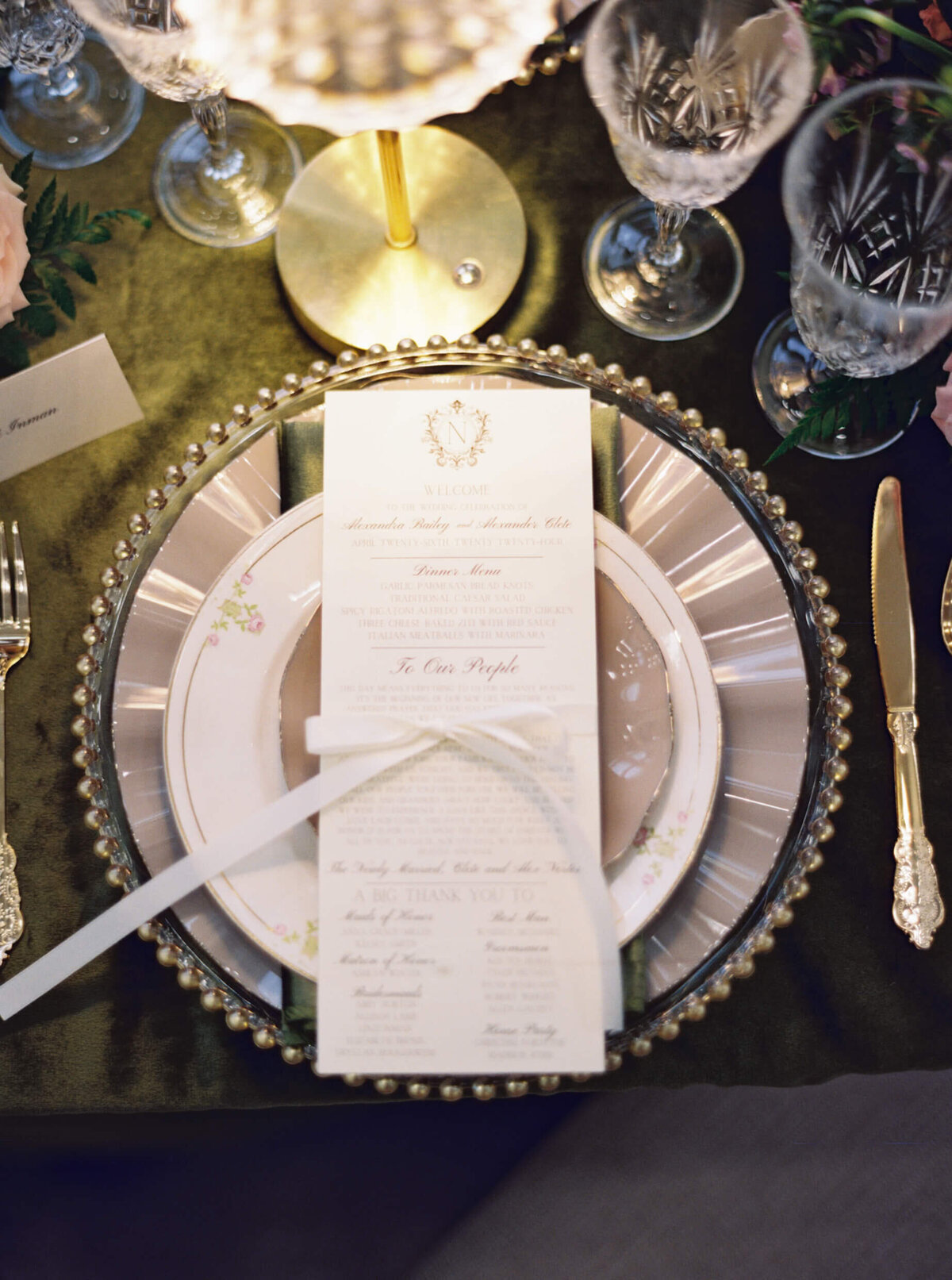 A wedding day photo of the dinner menu for the wedding reception