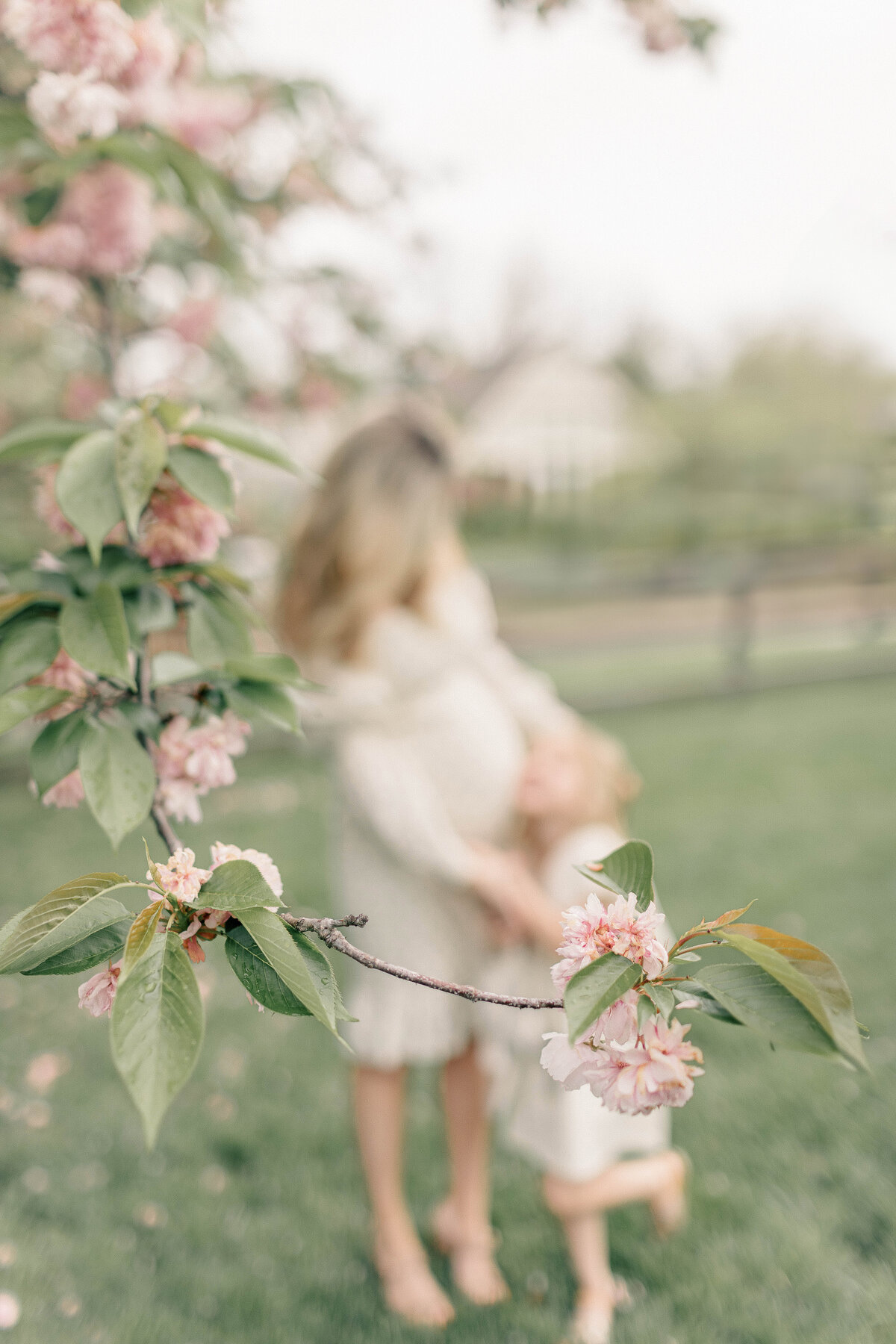 Mother gently hugs her young daughter beneath a flowering tree during a Mommy and Me maternity photo session in a Kansas City park.