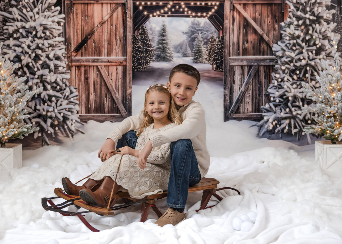 Siblings hugging on a sled in a holiday photo in Allison Reilly's New Jersey photo studio.