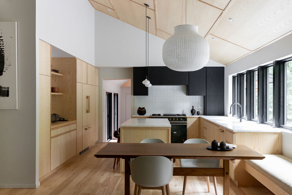 Japanese Modern kitchen with ash wood and clad ceilings.