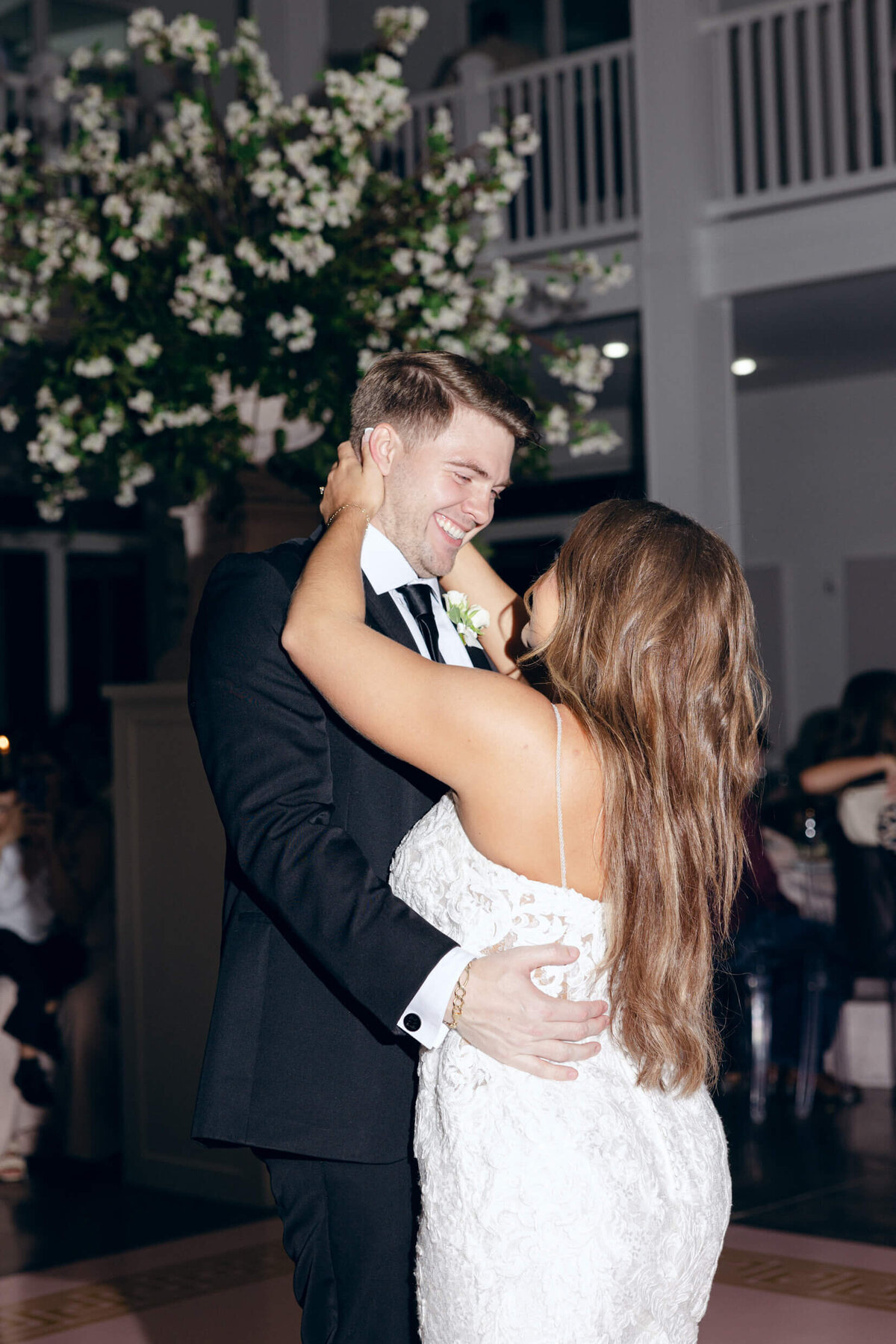 A photo of the bride and groom dancing during the wedding reception