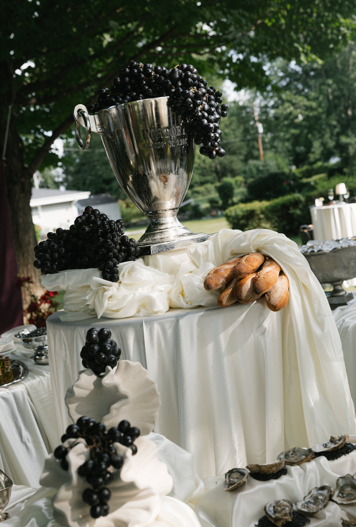 Cocktail hour grazing table for a wedding reception in Milwaukee, WI.