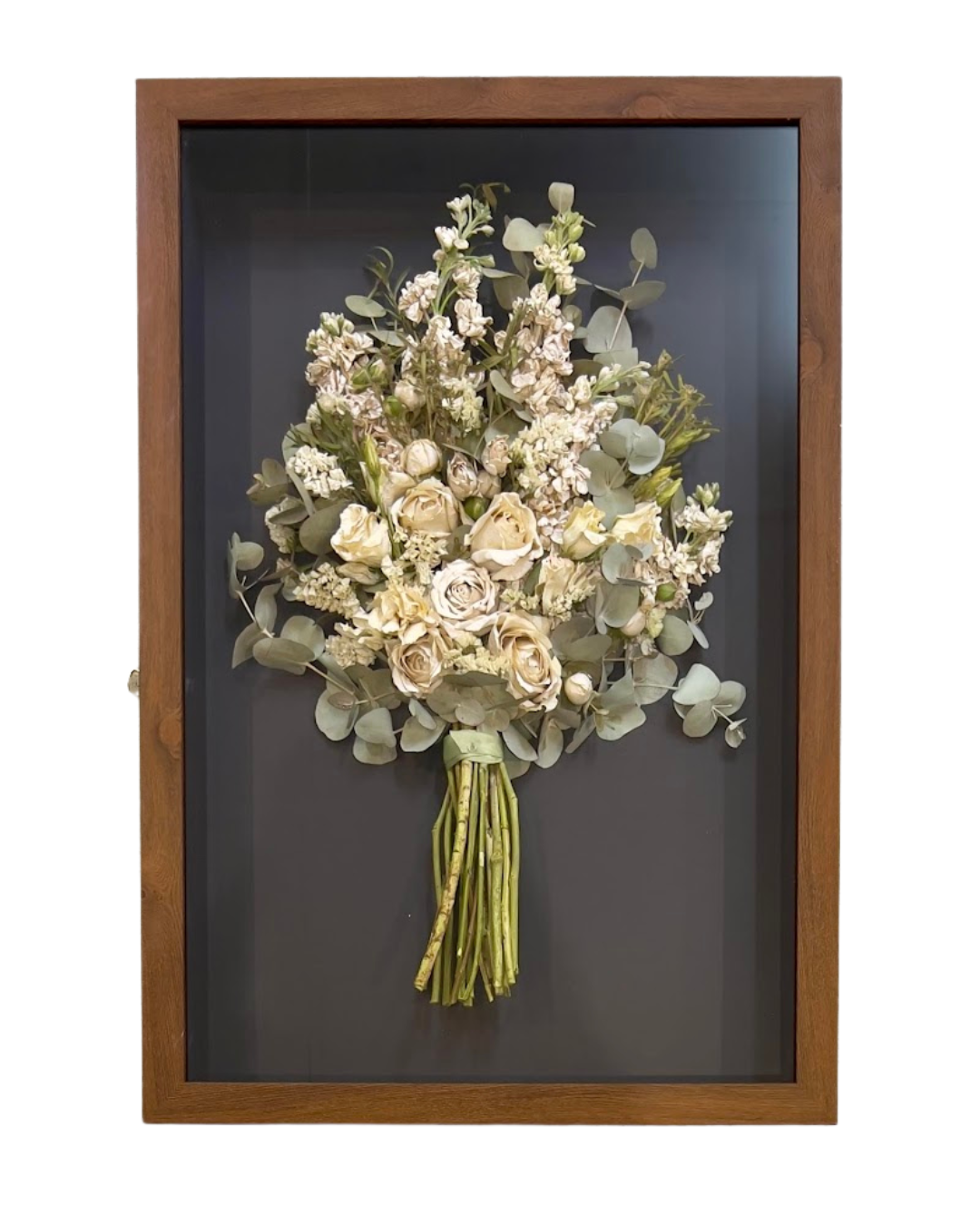 Wedding bouquet preserved in 3D frame.