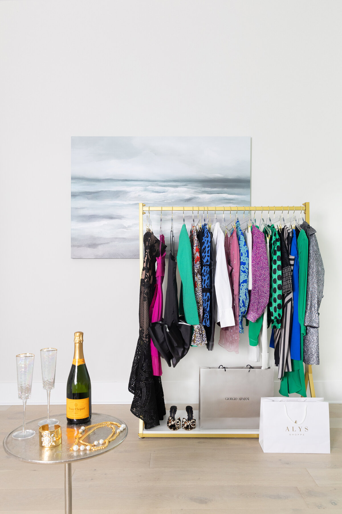 Women's Personal Fitting, clothing rack with shopping bags, Veuve Clicquot