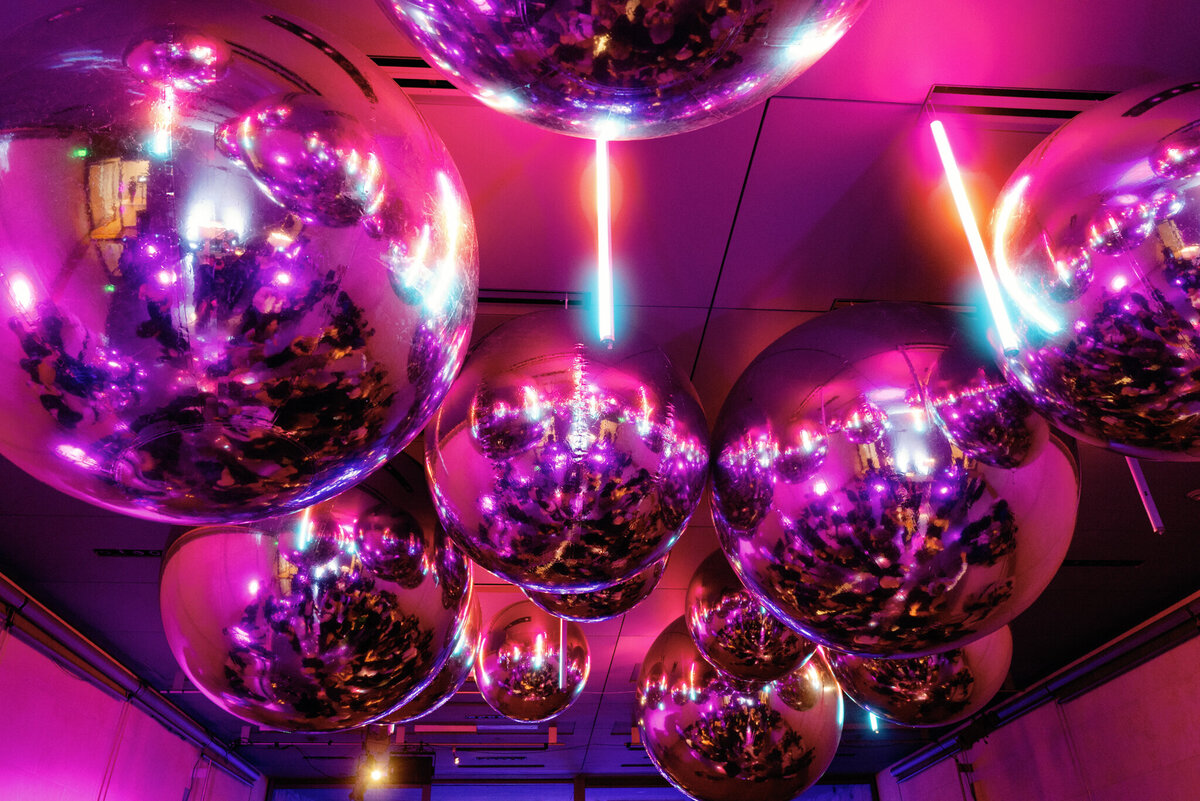 Disco ball wedding reception at Nasher Sculpture Garden