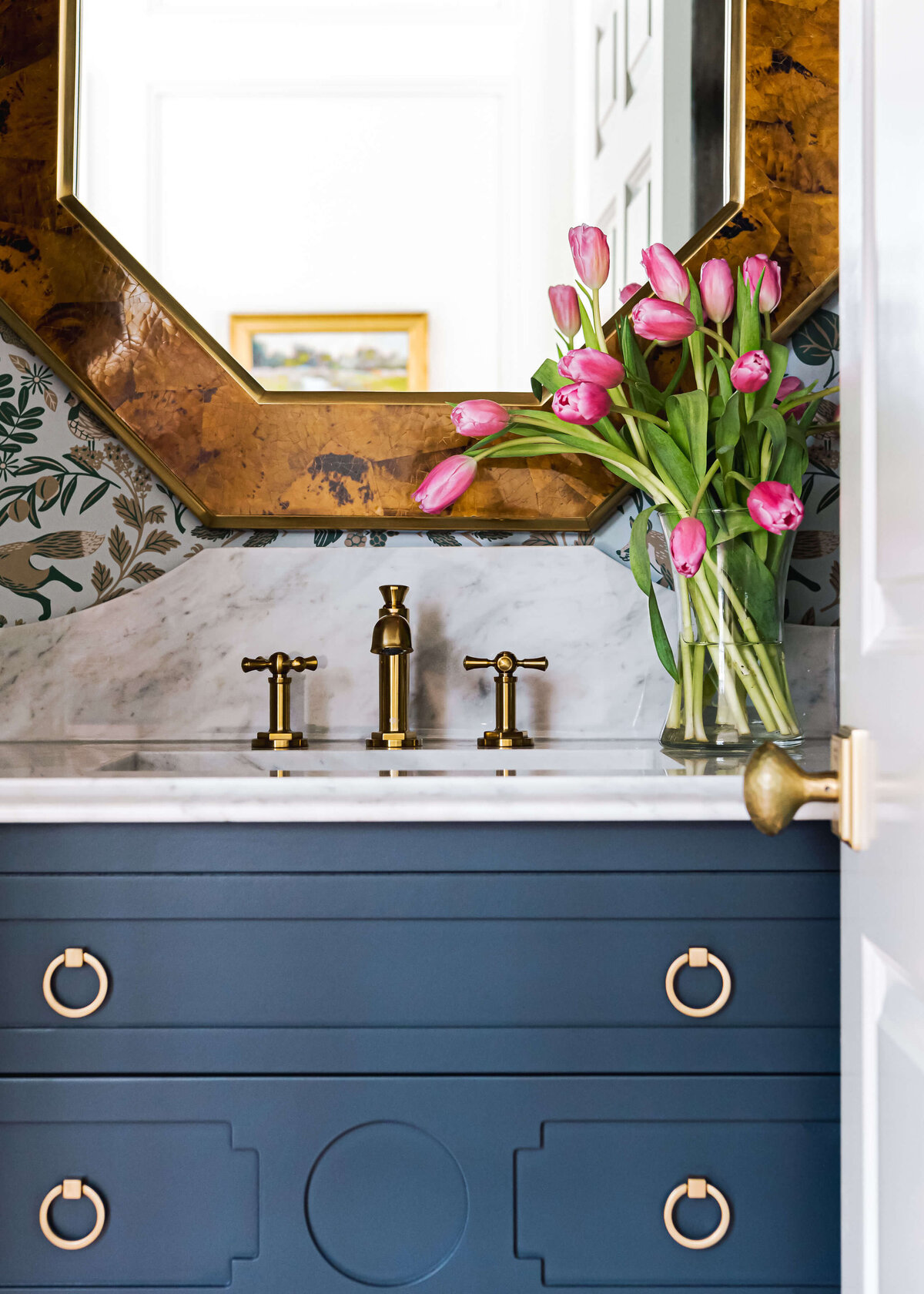 sweet southern home windmill gold sink wooden mirror blue vanity in bathroom