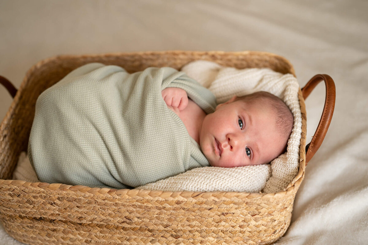 Baby in a basket looking at camera
