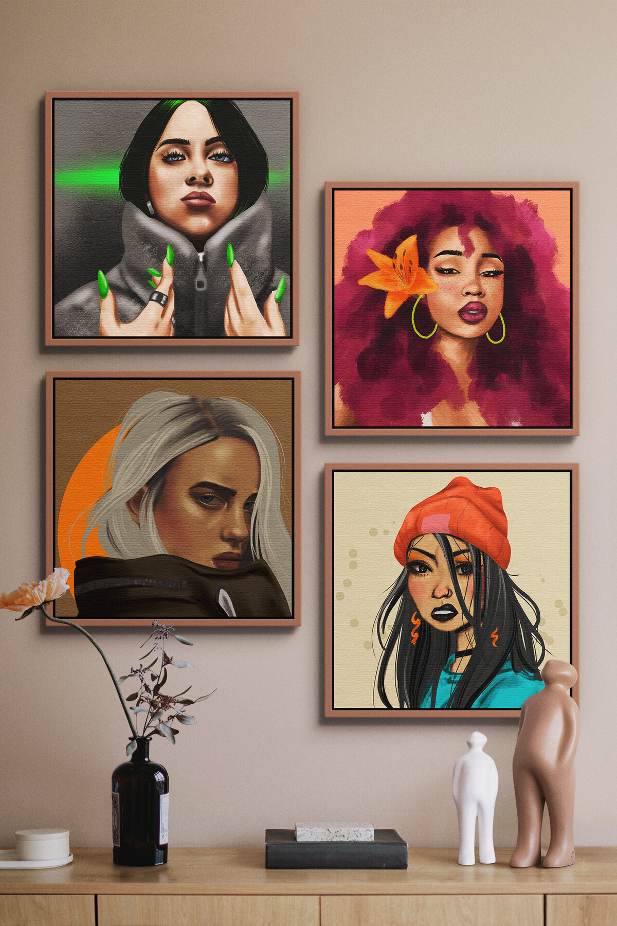 Four paintings, two are Billie Eilish and two are girls with amazing hair