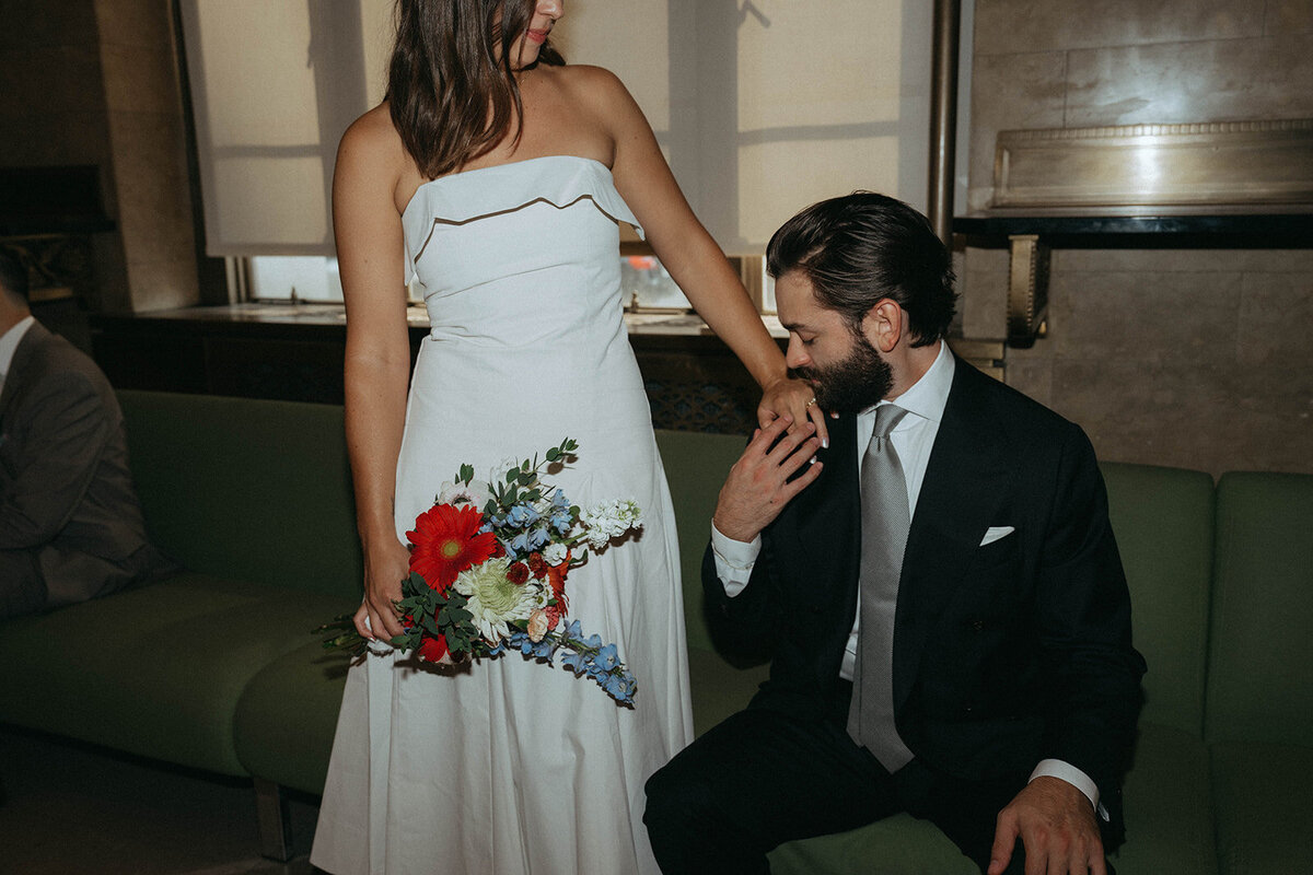 bride and groom kiss in city hall before elopement shot by Elsie Goodman Photography | NYC Elopement Packages