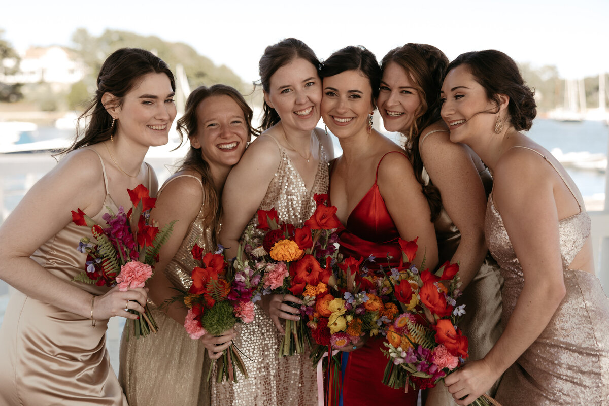 Champagne Bridesmaid dresses with Bold and Vibrant bridal florals by Boston Florist, Prose Florals