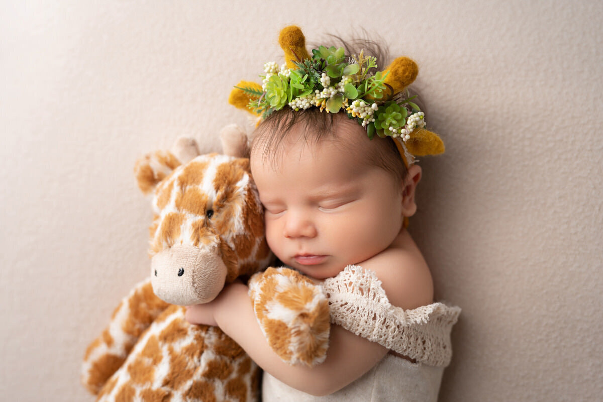 12 newborn photograph with girraffe prop in Charlotte