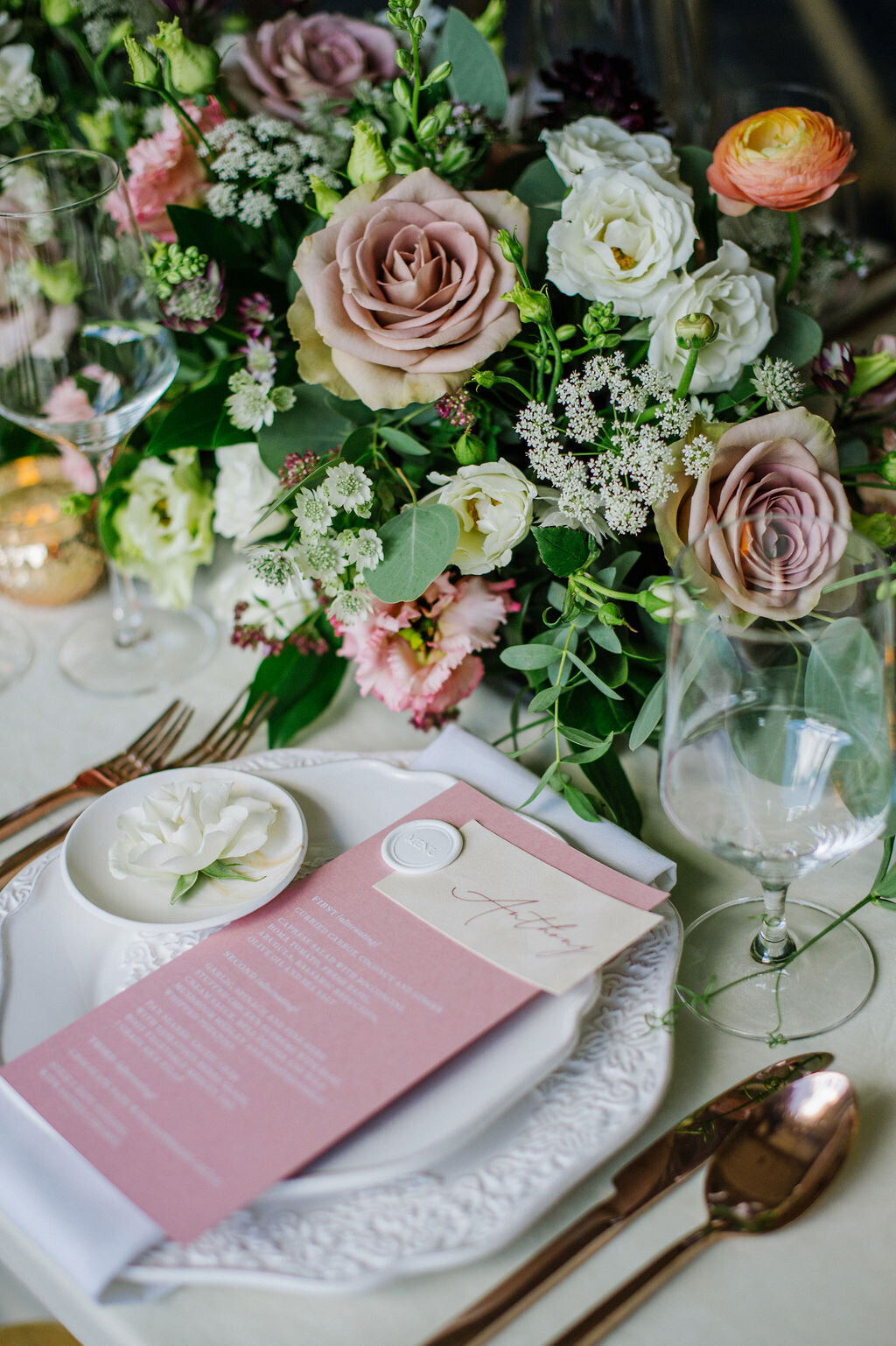 Elegant pink and white tablescape by CNC Event Design, modern and elegant wedding planner based in Calgary, Alberta.  Featured on the Brontë Bride Vendor Guide.