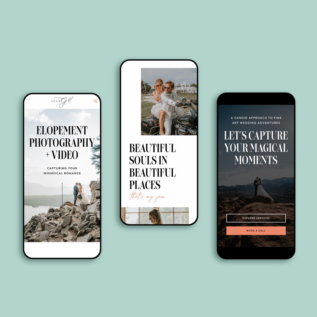 3 iphone mockups of adventure wedding photography website