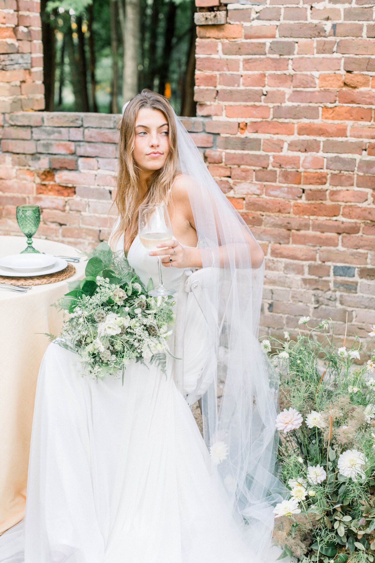 editorial bridal portraits with white and green florals