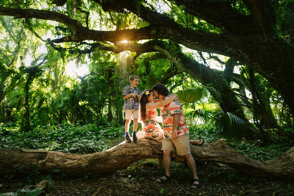 A husband and wife embrace as their son claims on a wood limb behind them. Any green, tropical.
