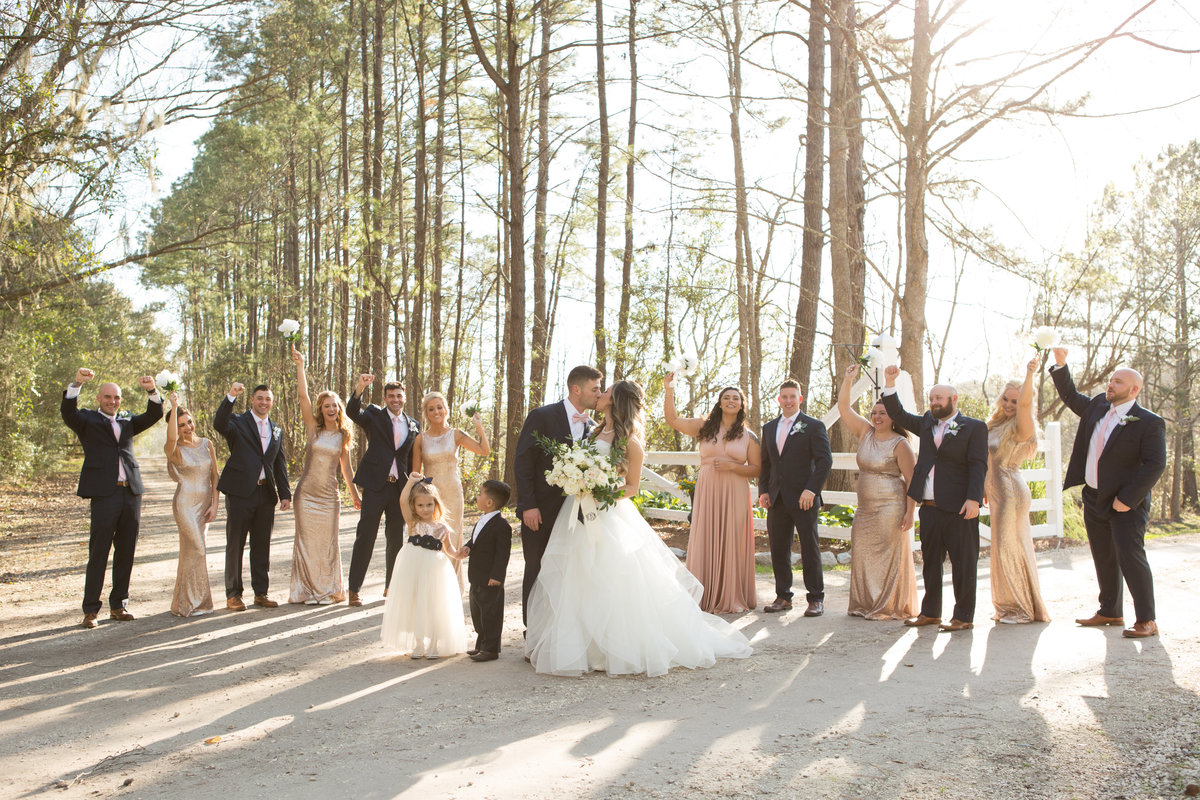 bridal party in blush pink dresses at mackey house
