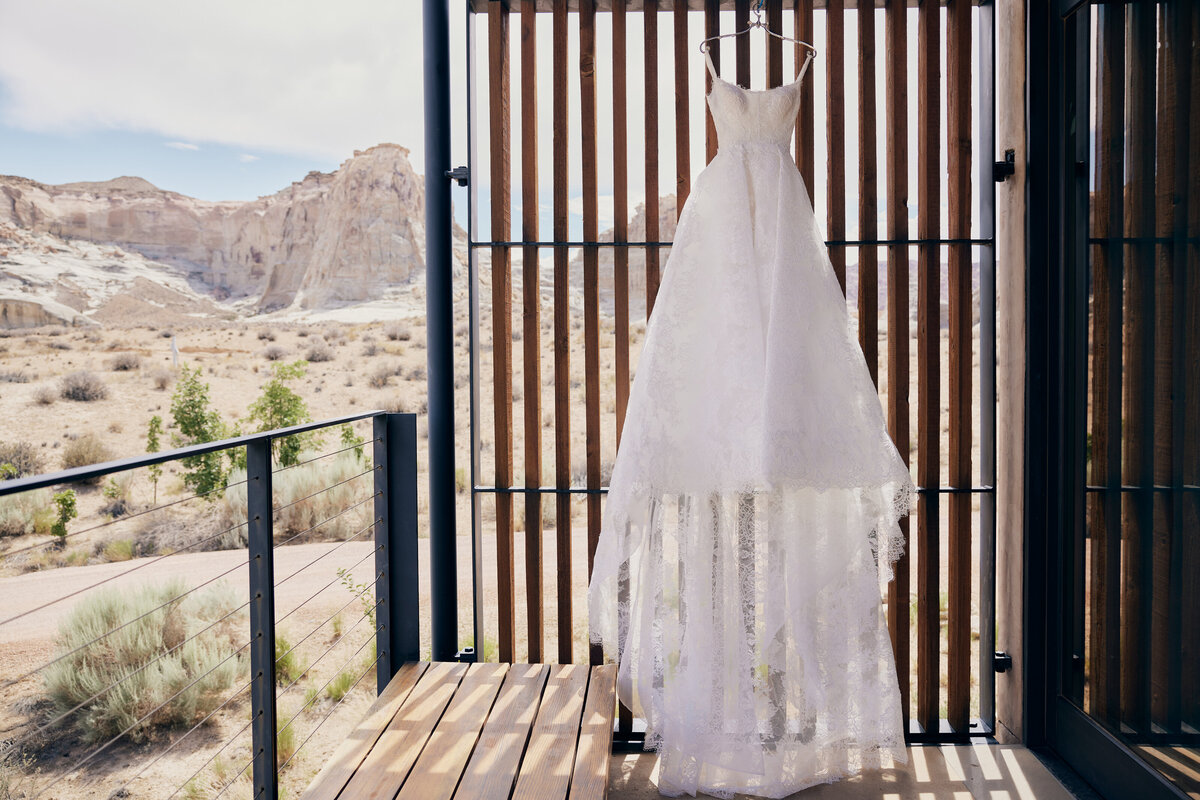 Wedding dress on a hanger at Amangiri Utah