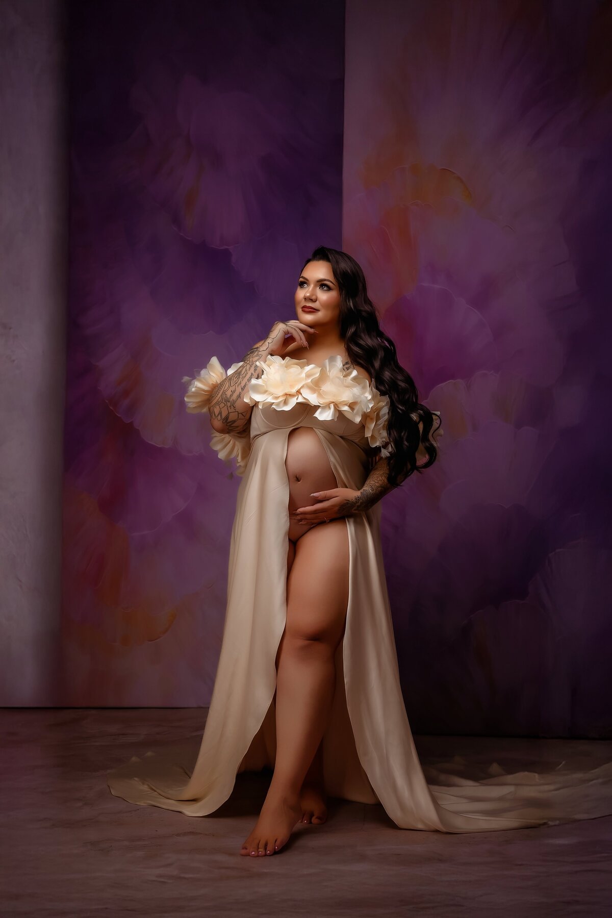 Floral White Dress and Purple Backdrop Maternity