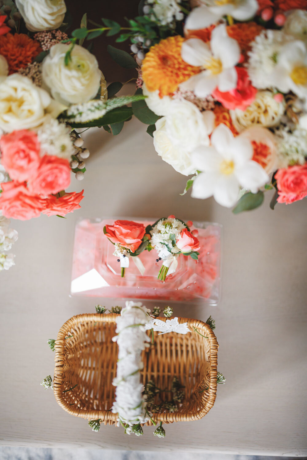 Wedding bouquet and basket on the table