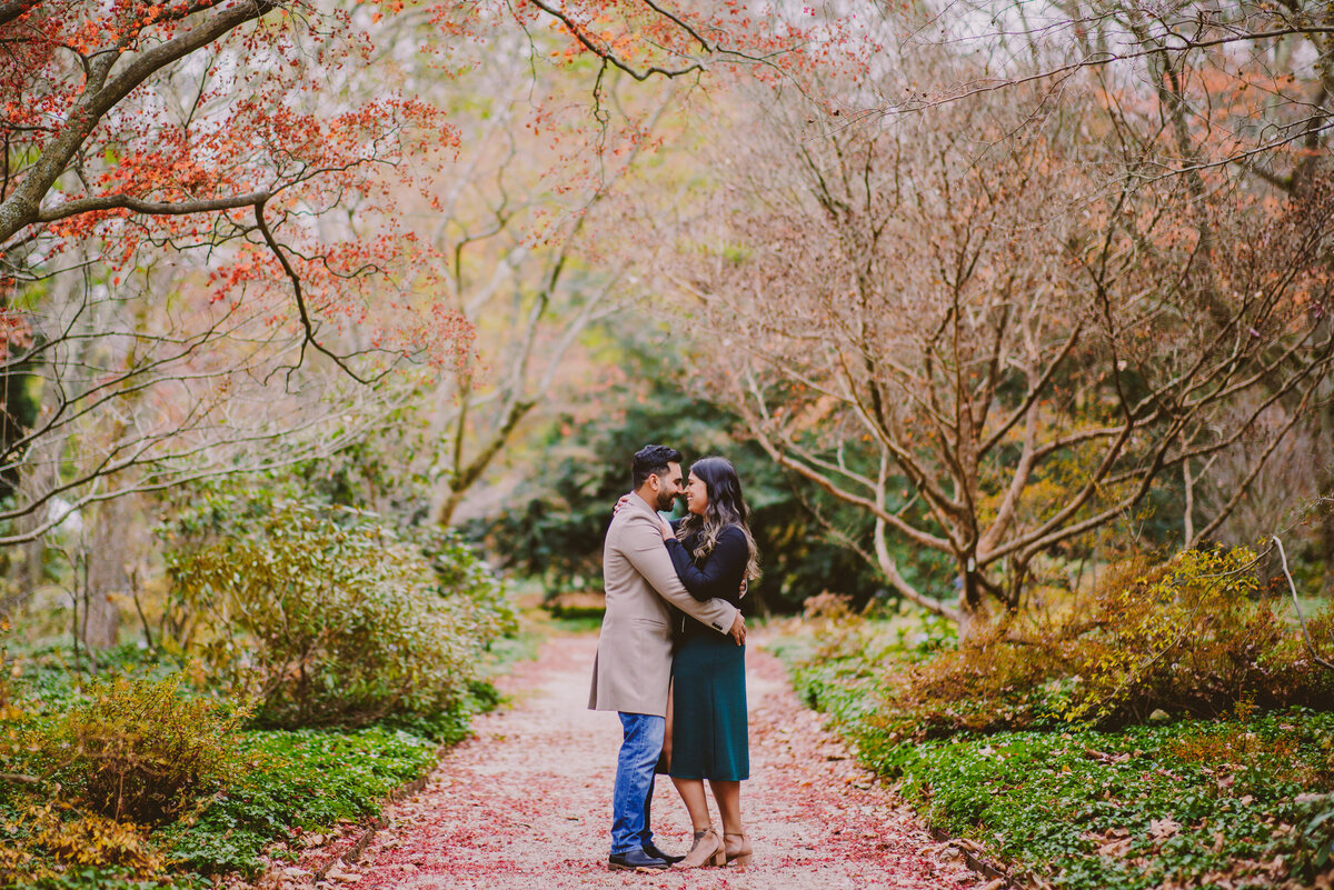 A couple sharing a moment in the middle of a path filled with red leaves during their fall engagement session at the planting fields arboretum