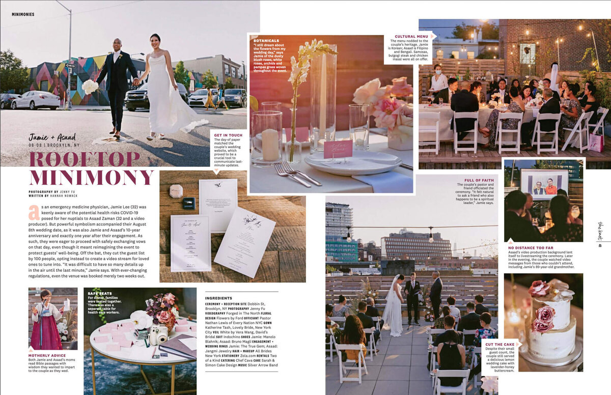 A page in The Knot Magazine with images of the bride and groom, the venue, cake, etc., in Dobbin St. Image by Jenny Fu Studio