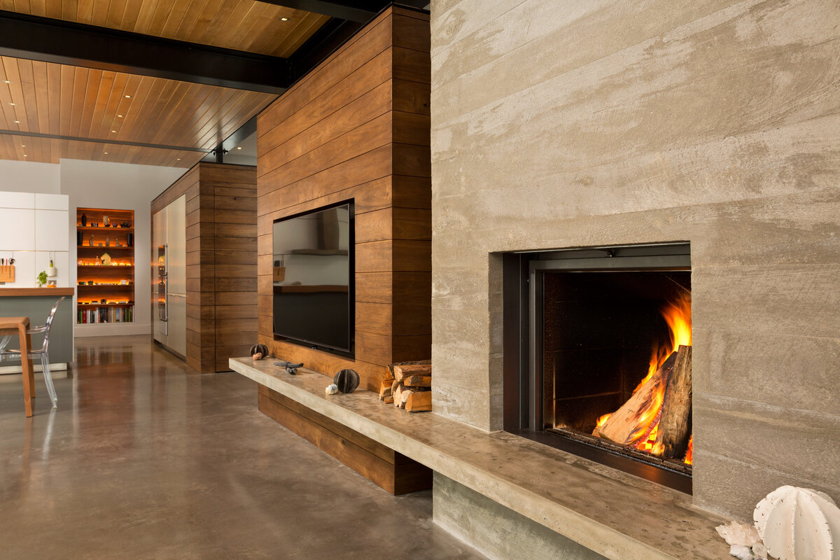 Organic material living room in neutral colors and fire place