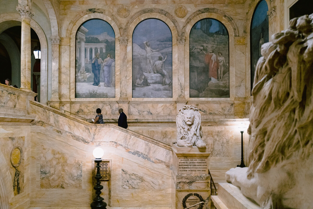 Lion sculptures on the grand staircase of the Boston Public Library