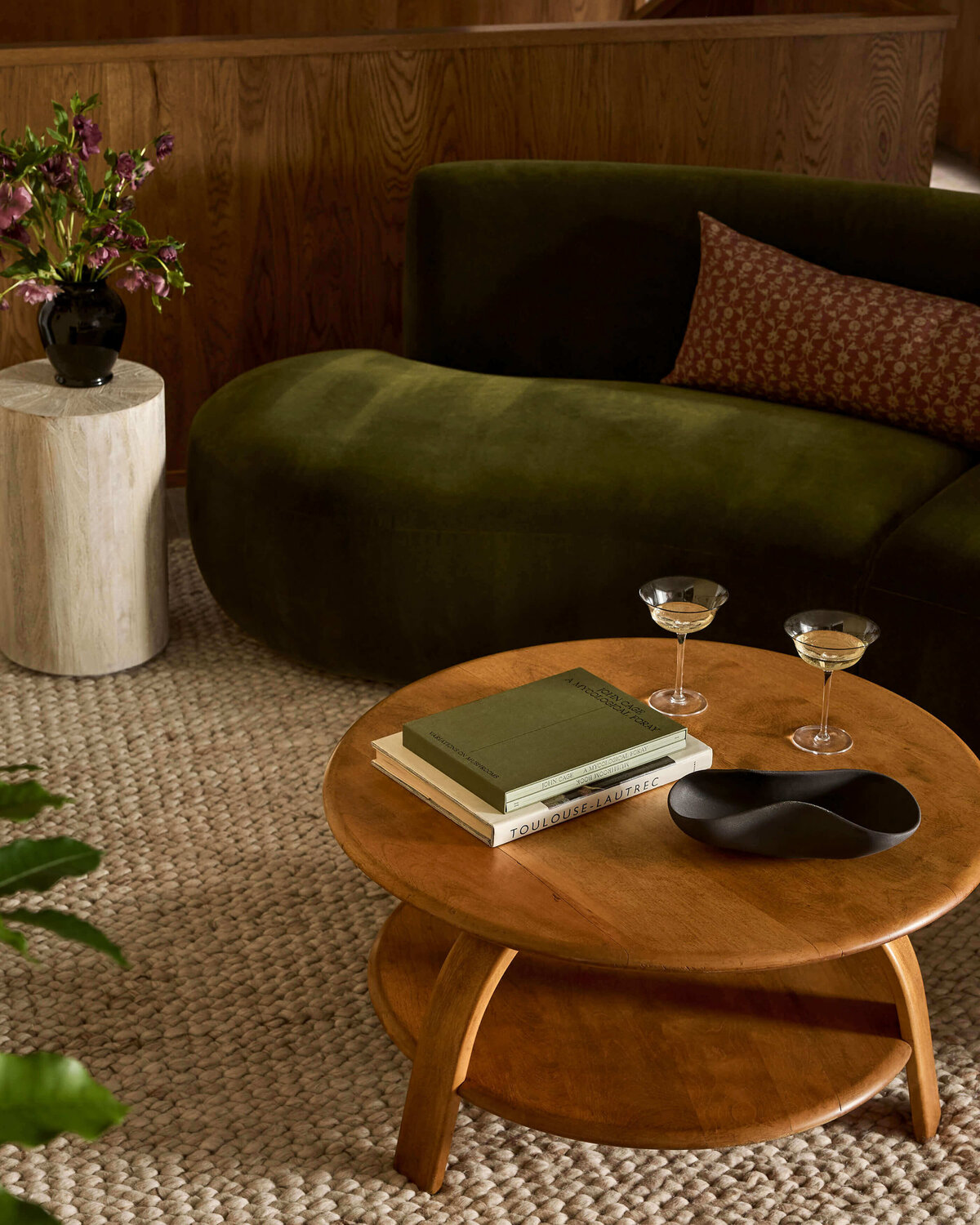 olive-green-sofa-wood-coffee-table-styled-living-room-wilmington-interior-designer