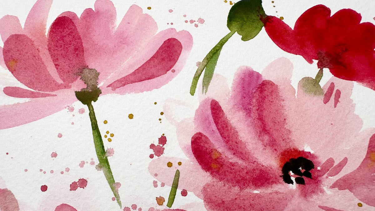 Loose watercolor painting of flowers in pink and red colors