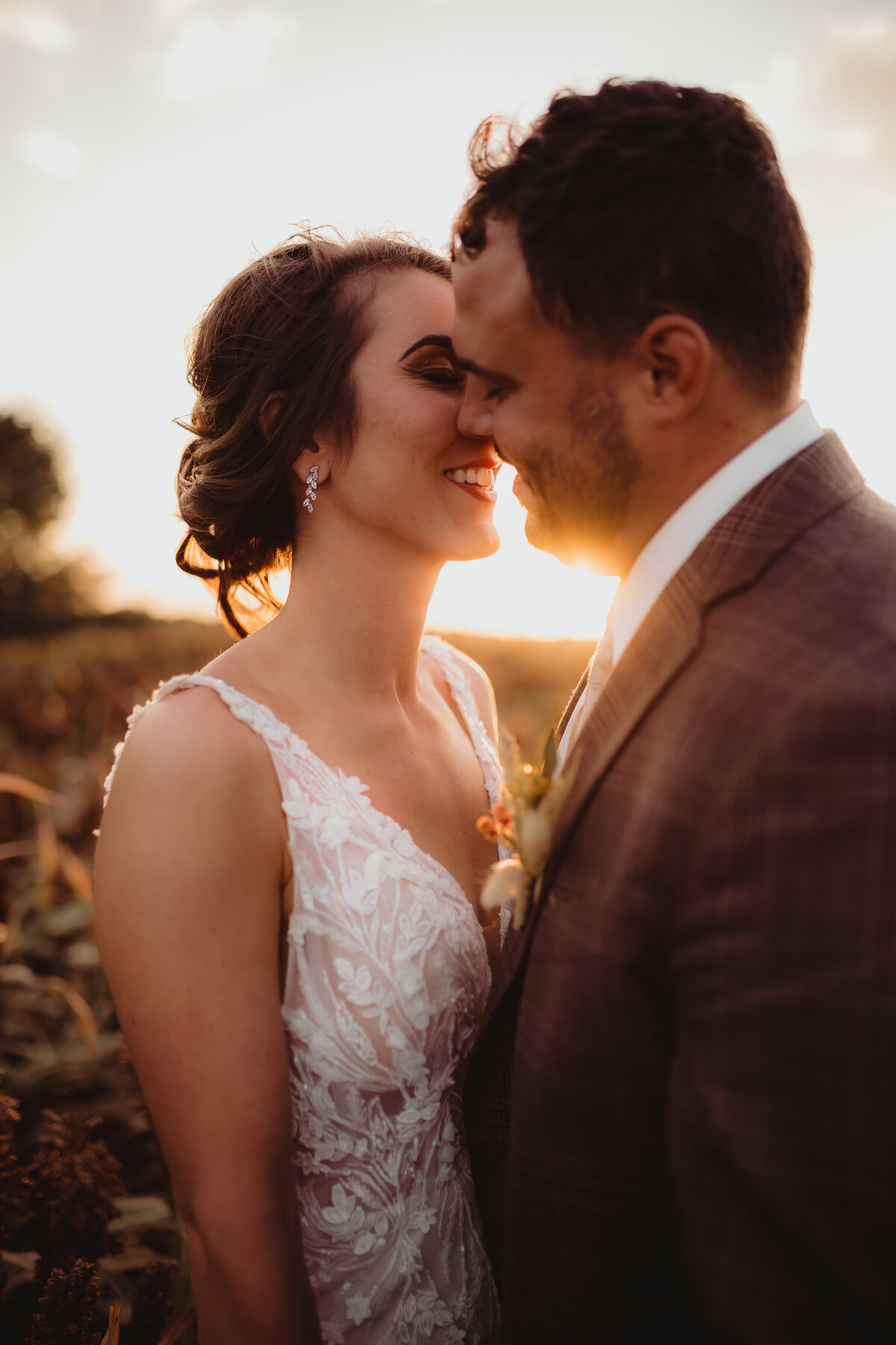 ALMOST KISSING IN A MILO FIELD ON WEDDING DAY IN NORTON KANSAS