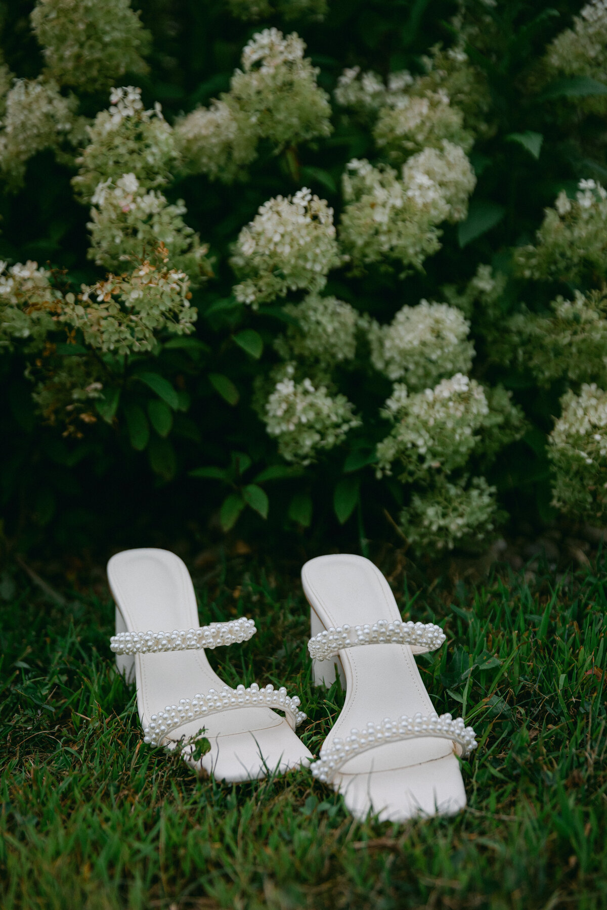 bridal-pearl-heels-hydrangea-bush-wedding-detail