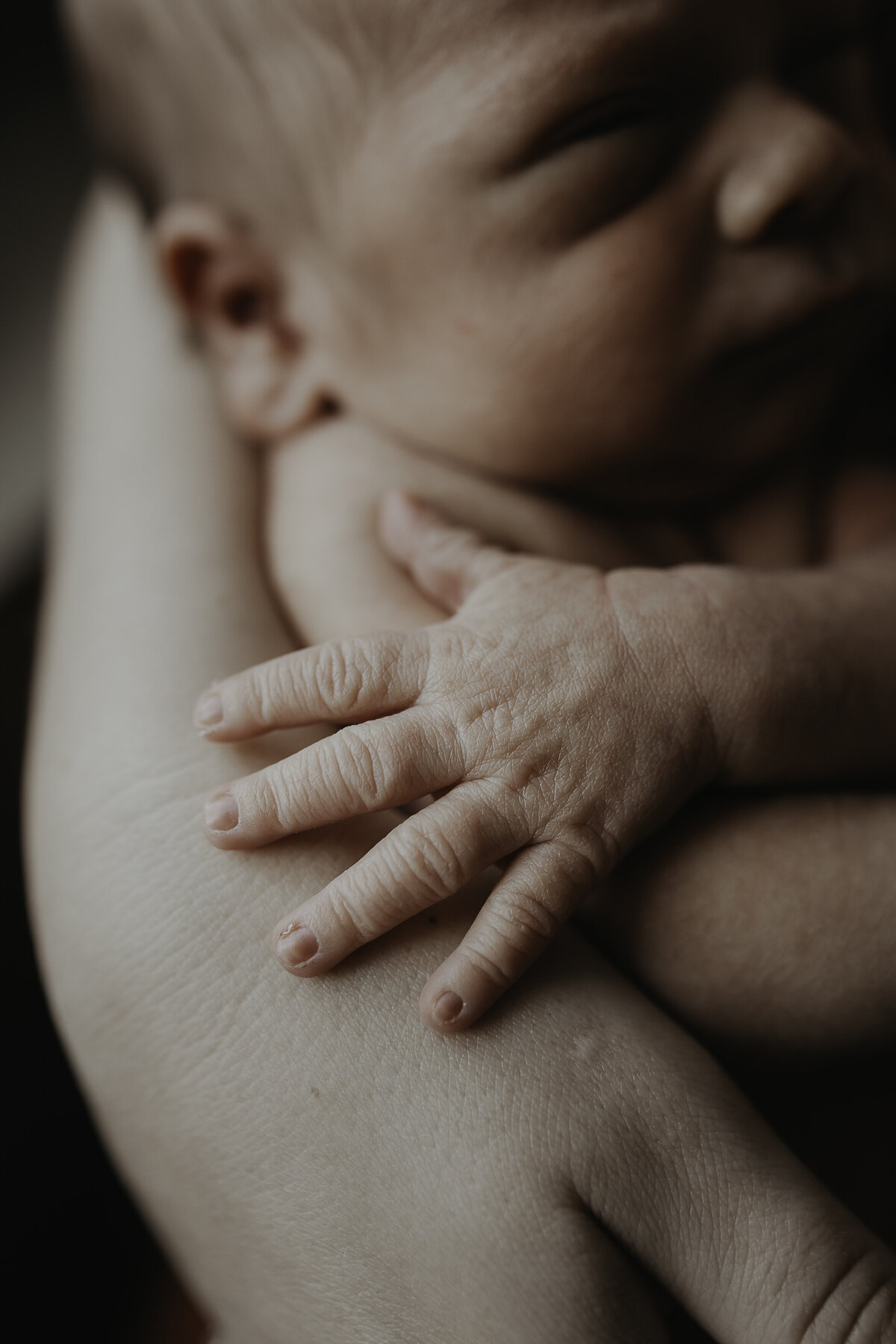 Verona B Photography captures baby details of a newborn – an up-close picture of a tiny adorable newborn hand against his mom’s hand at an in-home newborn session near Akron, Ohio. Up close pictures capture the details that would otherwise fade in your memory.
