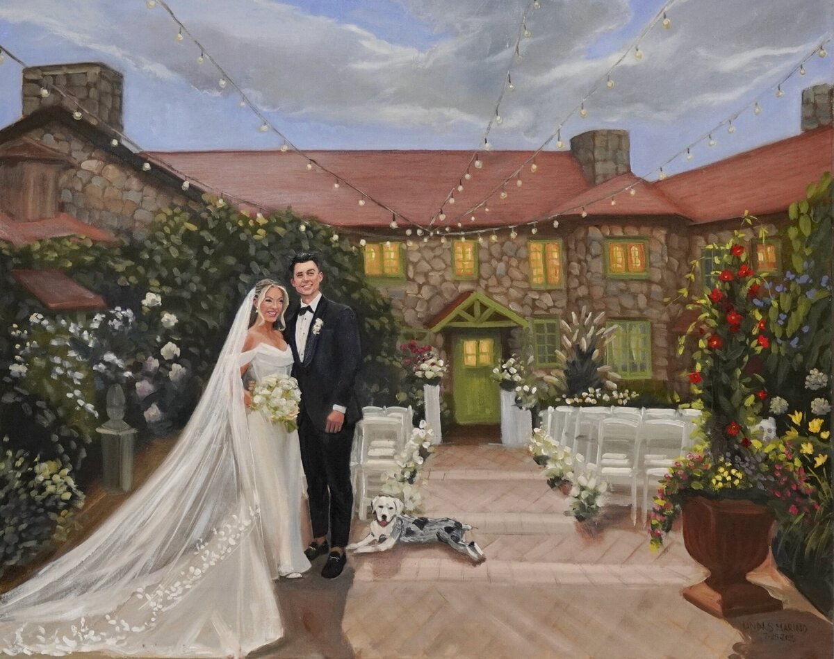 live wedding painting of bride and groom walking into La Chateau South Salem NY
